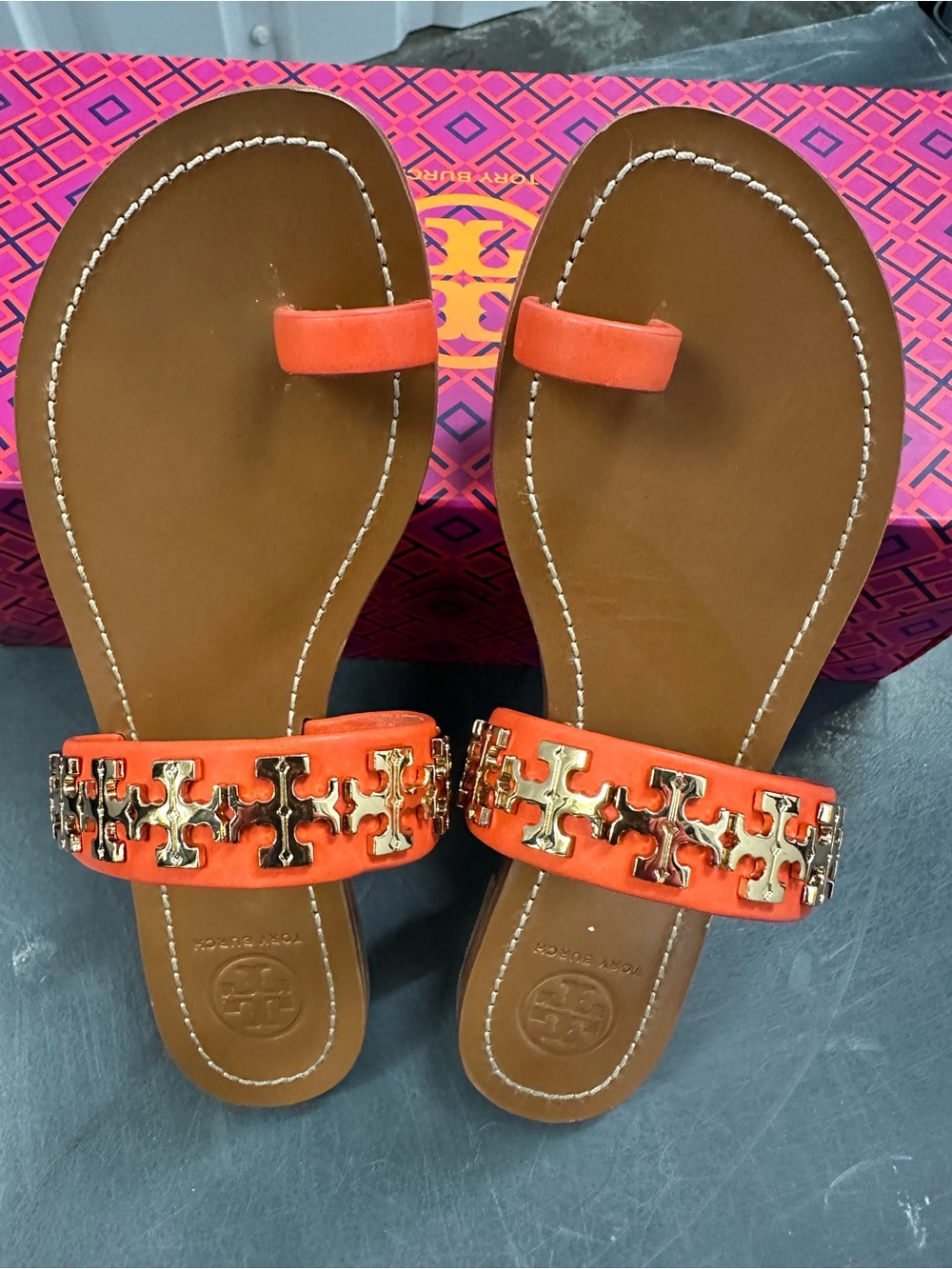 Tory Burch Orange Leather Jolie Toe Ring Slide Sandals Gold Hardware Size 6M